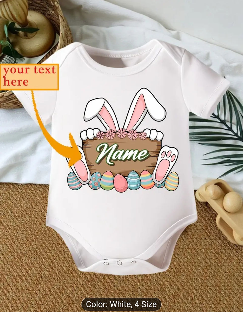Thumbnail: Custom Name Easter Baby Onesie with Bunny Ears and Easter Egg Print 