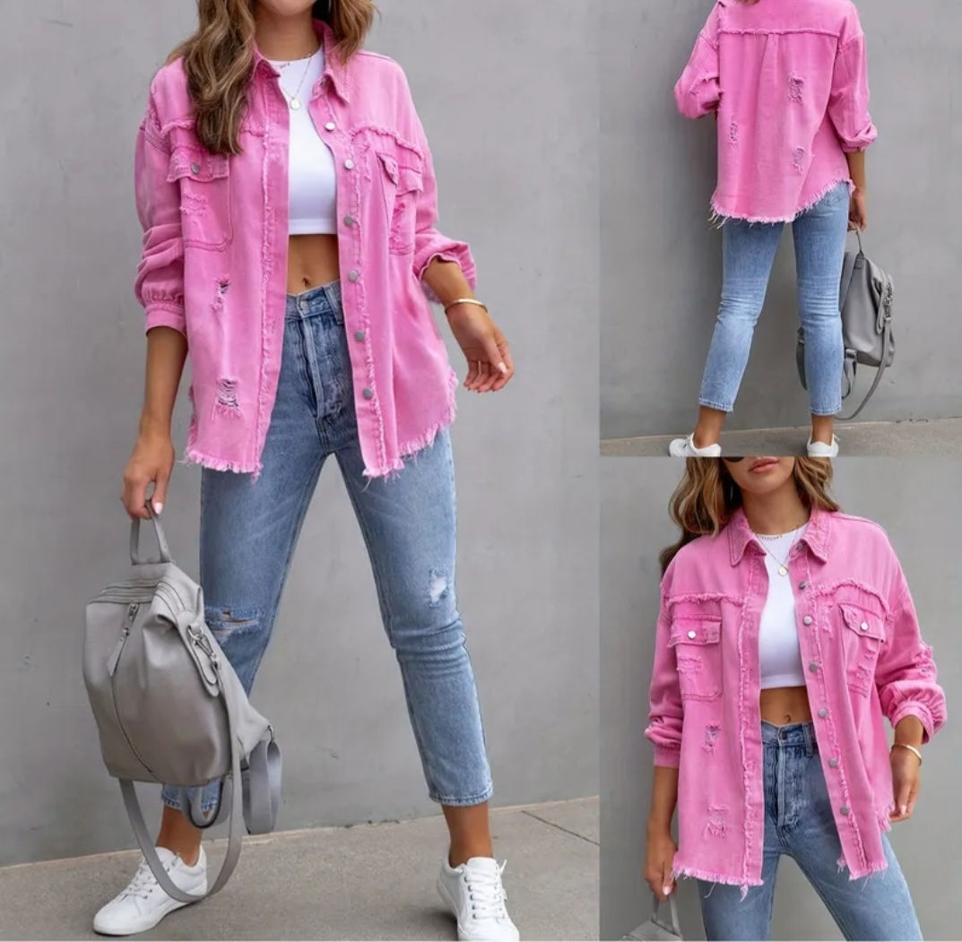 1pc Women'S Plus Size Casual Distressed Faux Denim Jacket