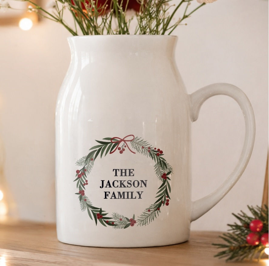 Personalised Green Christmas Wreath Ceramic Jug Vase