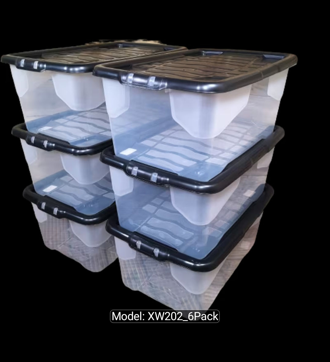 6 x 42L Clear Storage Box with Black Lid, Stackable and Nestable Design Storage