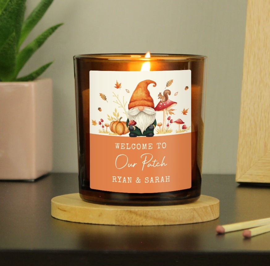 Personalised Autumn Gonk Amber Glass Candle