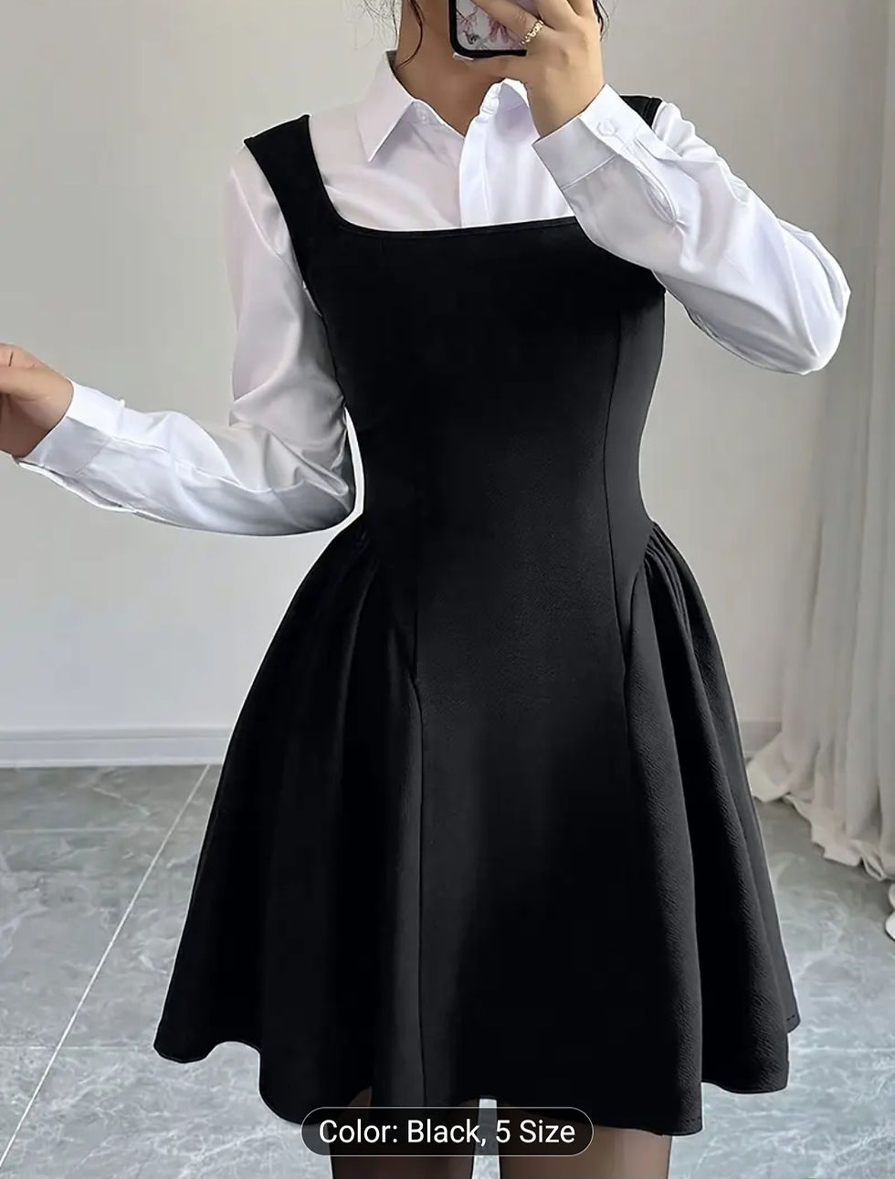 Thumbnail: Elegant Black Square Neck Ruffle Hem Dress