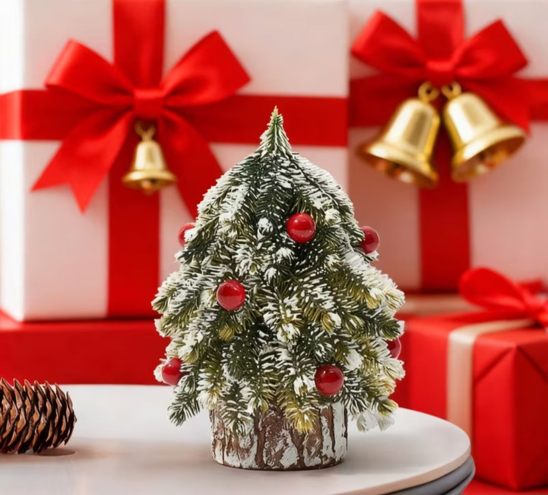 Small Desktop Christmas Tree | Decorative Berry Wooden Base