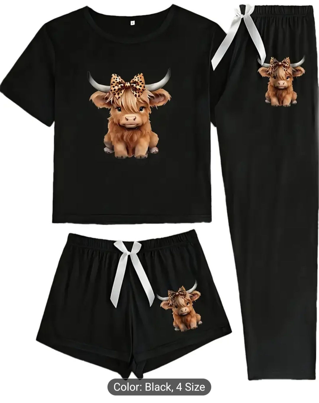 Women's Plus Size 3pcs Pajama Set - Cute Highland Cow Print 