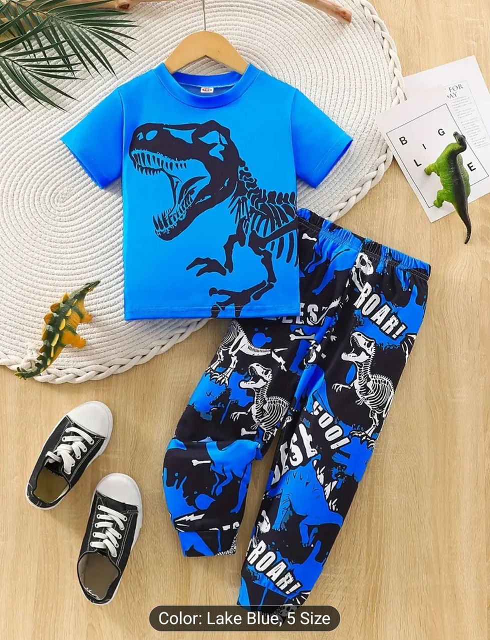 Thumbnail: Boys' Fashion 3D Dinosaur Print T-Shirt and Pants Sports Set