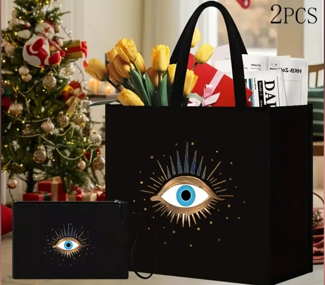 2-Pack Fashionable Black Geometric Eye Print Tote Bags 