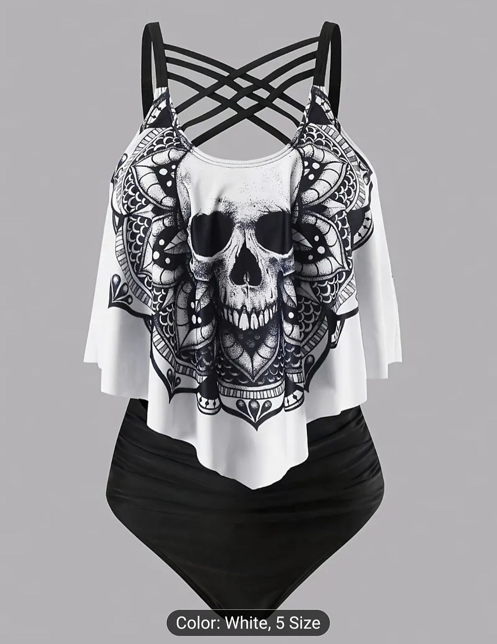 Thumbnail: Plus Size Tankini Set for Women Featuring a Skull Design,