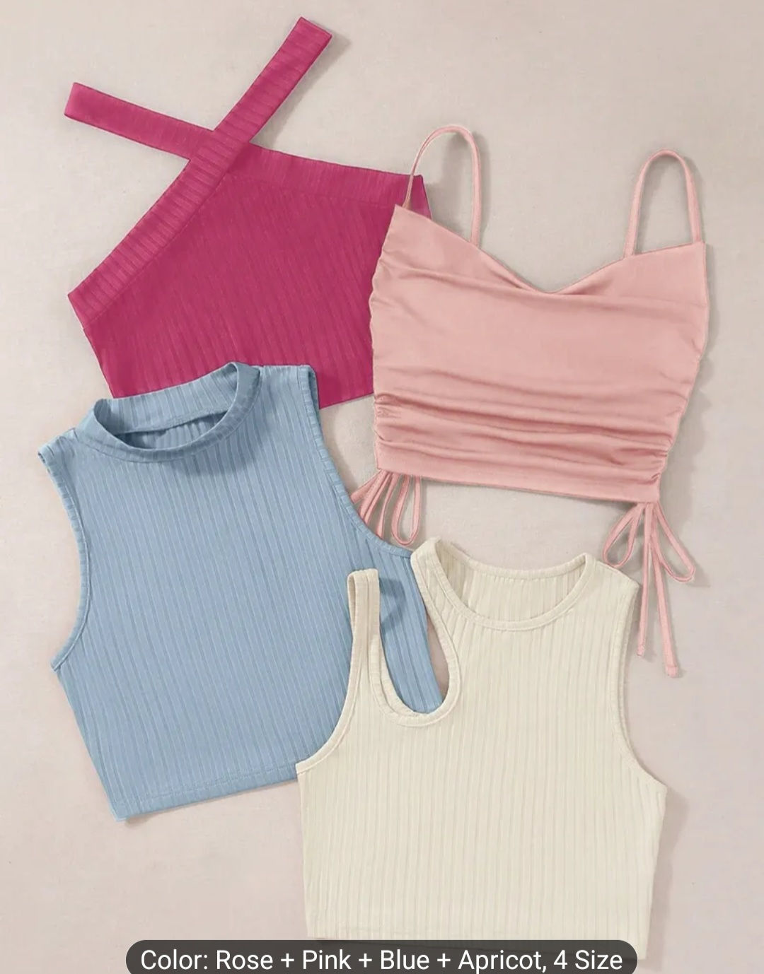 Spring/Summer 4-Piece Set Ribbed Eyelet Drawstring Cropped Tank Top