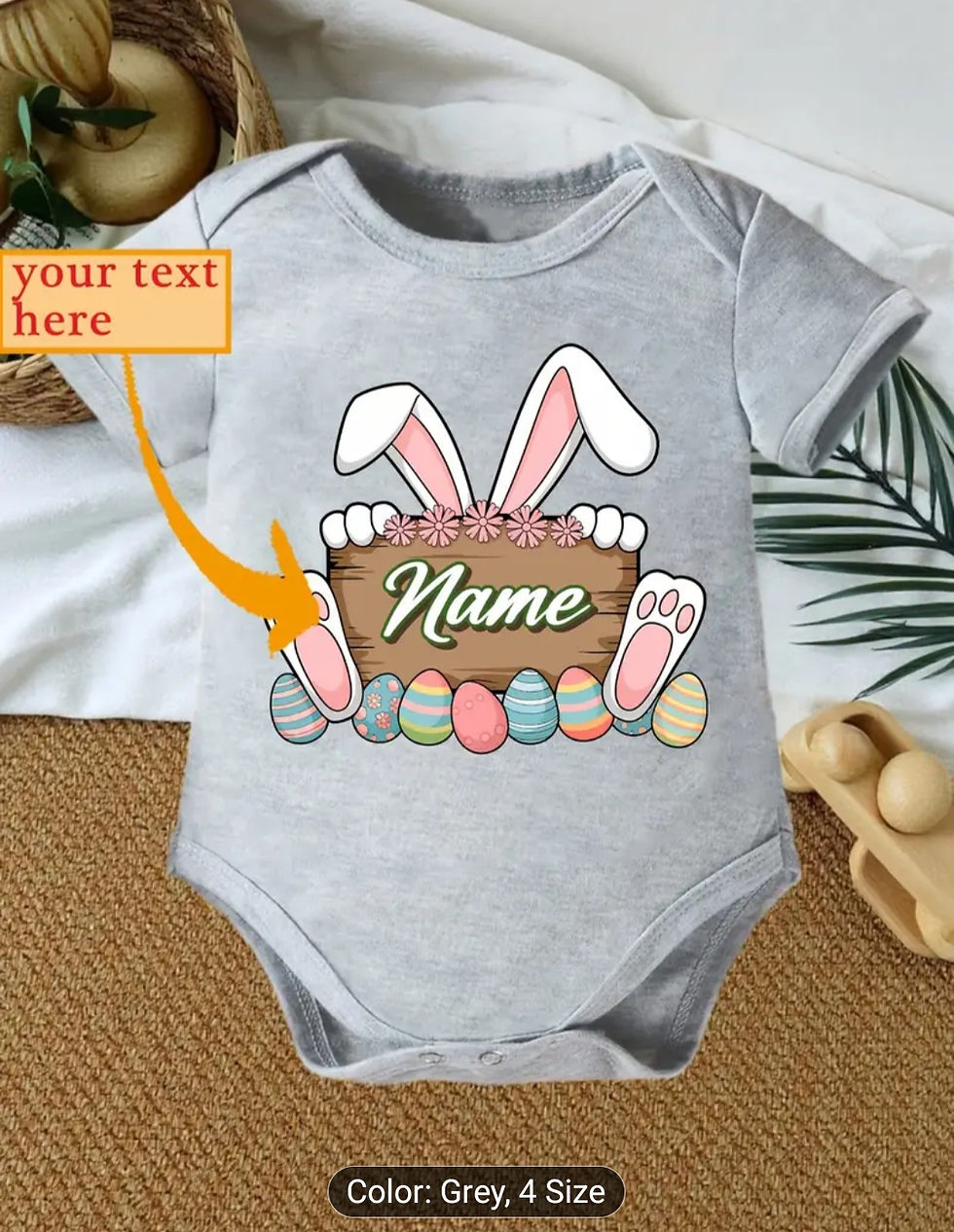 Thumbnail: Custom Name Easter Baby Onesie with Bunny Ears and Easter Egg Print 