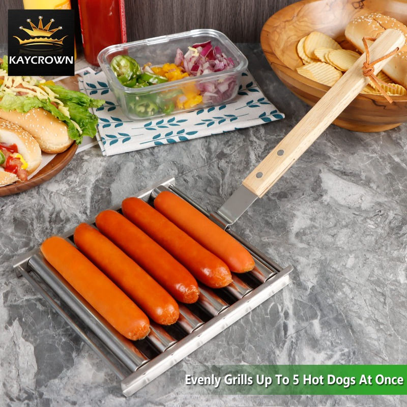 Rotating Hot Dog Grill Rack with Detachable Wood Handle.