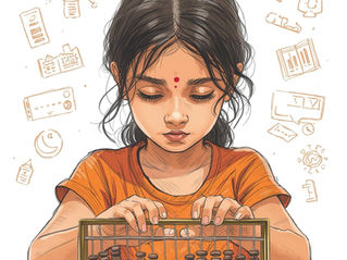 A focussed child holding the abacus and in a process to prove the life skills instilled through abacus training
