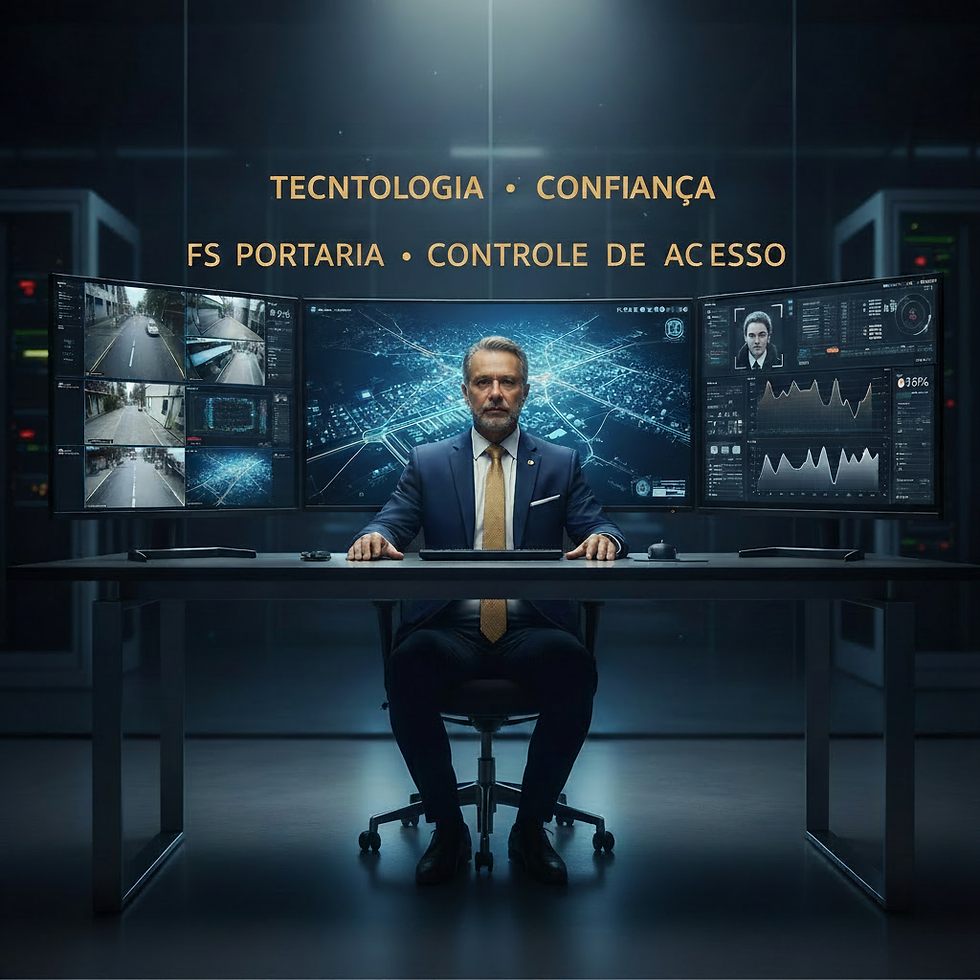 Especialista em segurança monitorando sistemas de portaria remota e controle de acesso tecnológico.