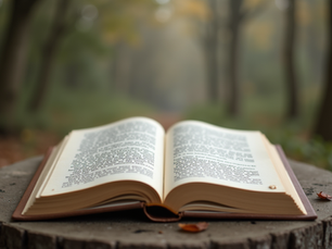 Offenes Buch im Wald als Symbol für Selbstreflexion und Heilung
