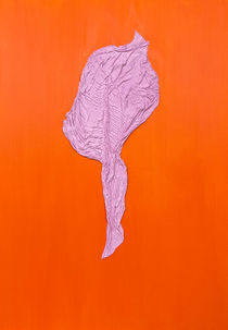 Pink Figure on Orange, 2022
(100 x 70 x 4 cm, mixed media on canvas) by contemporary artist Derek Dickinson. A vibrant pink figure emerges from an orange background, its form shaped through expressive muslin relief.