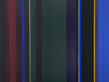 Minimalist artwork featuring layered vertical stripes in deep, earthy colors.