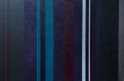 Abstract painting with vertical blue, red, and black stripes from the Traverse collection. Modern minimalist artwork featuring deep blue and black geometric stripes. Contemporary abstract art with textured vertical lines in cool tones. 