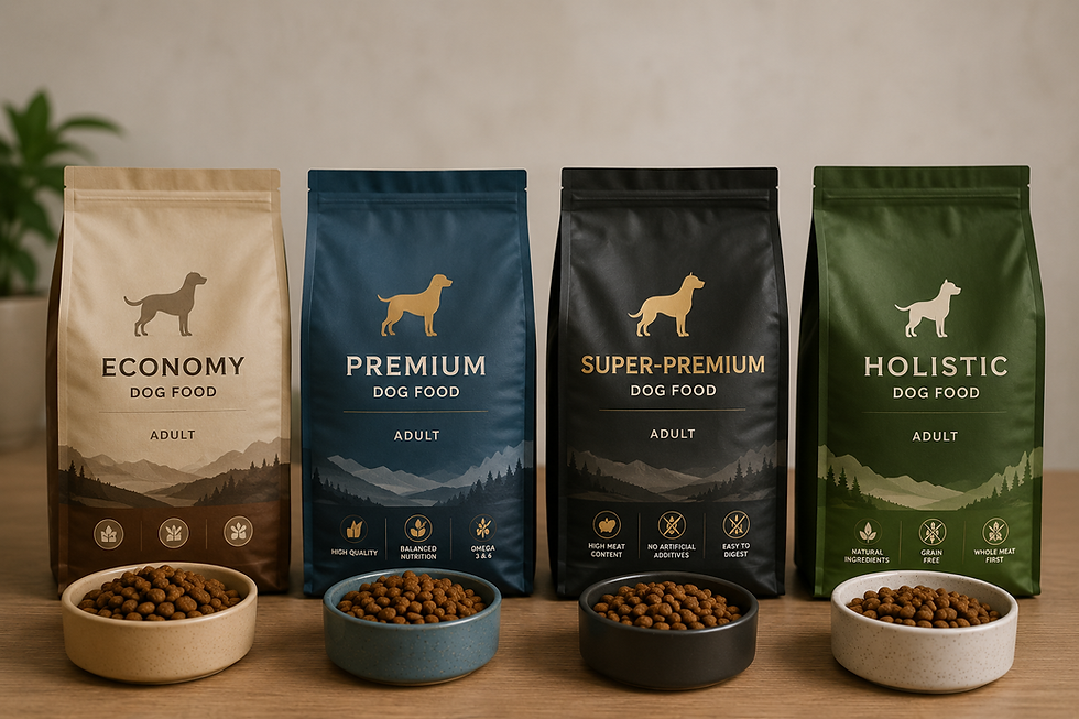 Four types of dog food bags labeled economy, premium, super-premium, and holistic, each with a bowl of kibble