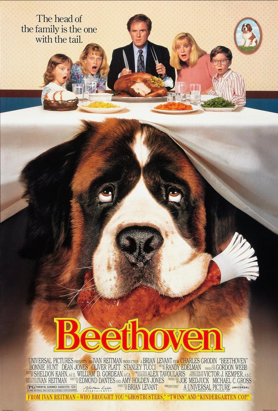 Beethoven movie poster with a St. Bernard dog and family