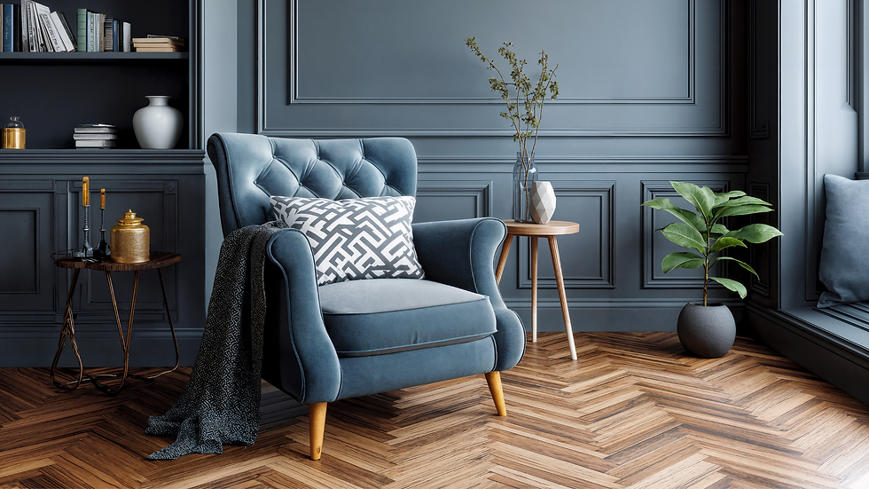 A blue chair against a blue wall for a setting of interior design.