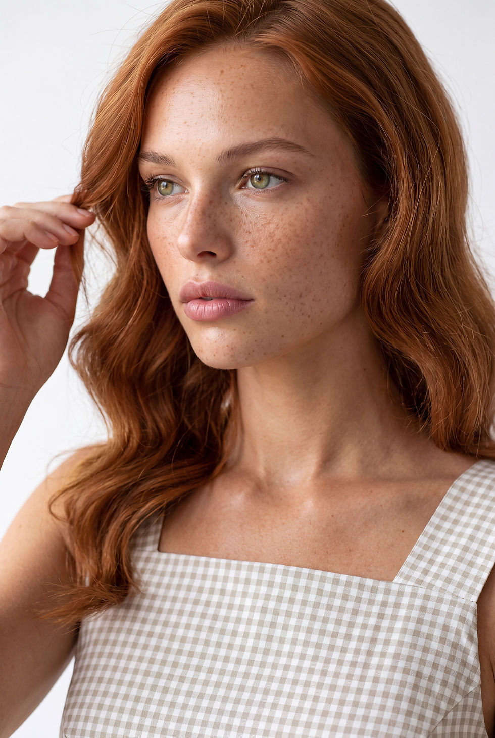 Thumbnail: Close-up of beige gingham cotton midi dress with square neckline and wide shoulder straps