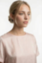 Soft Blush Silk T-Shirt Blouse close-up, round neckline, soft sheen silk fabric, natural look