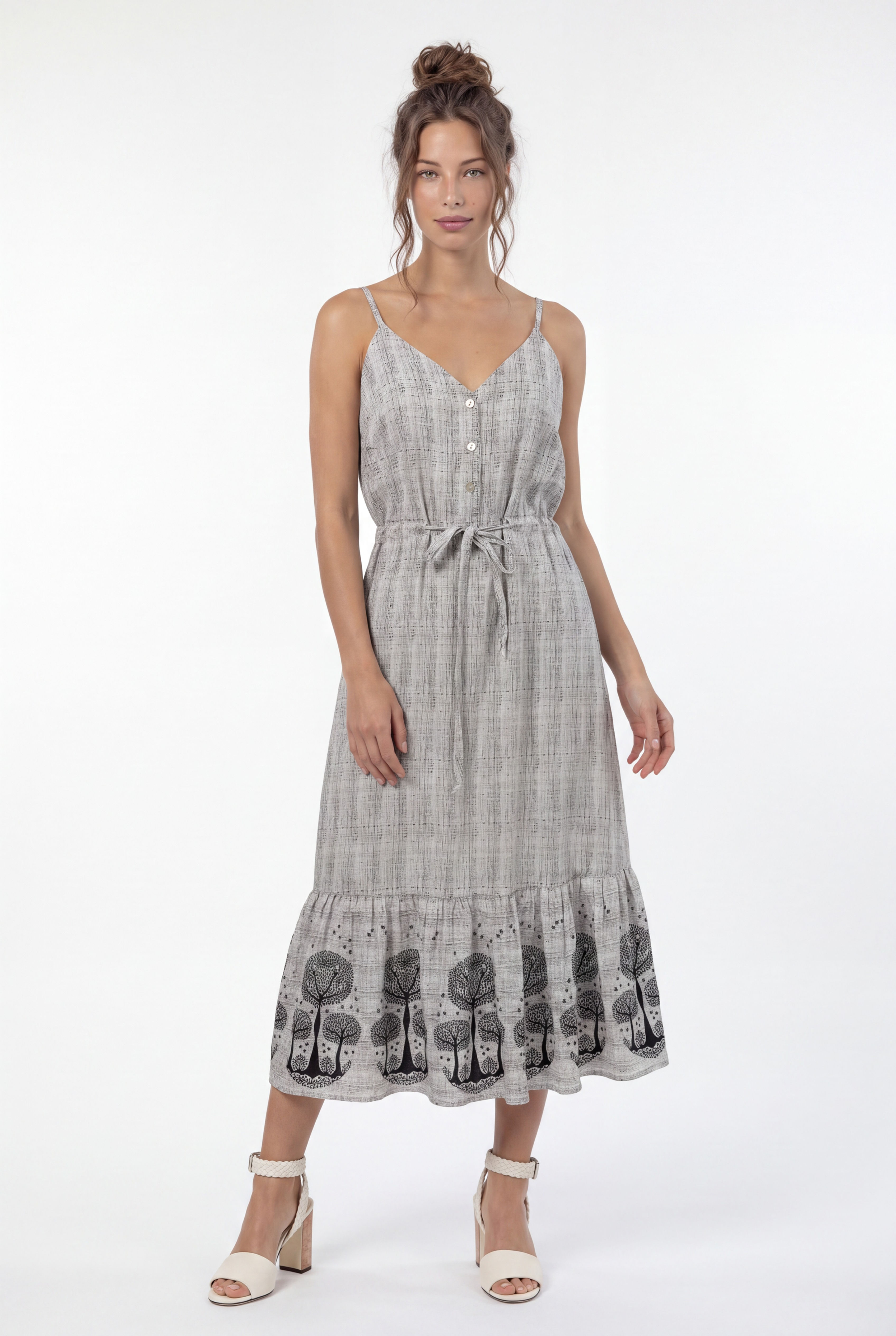 Front view of Cotton Midi Dress with Tree Print Border in lightweight grey cotton with black sequin-embellished tree print bo