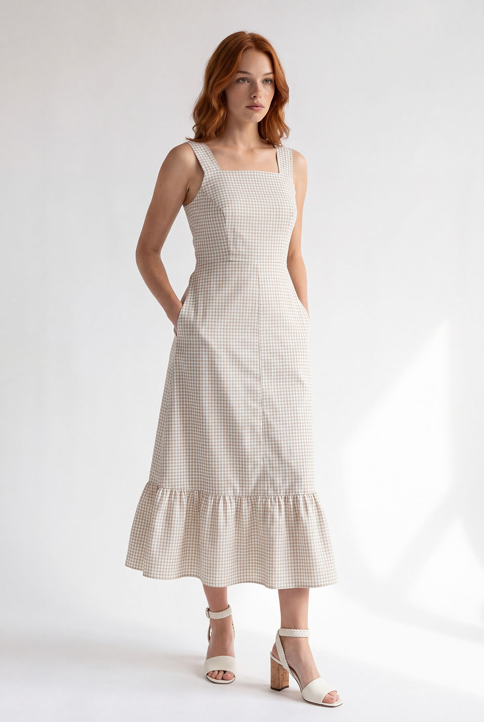Beige gingham cotton midi dress with square neckline and wide ruffled skirt, front view