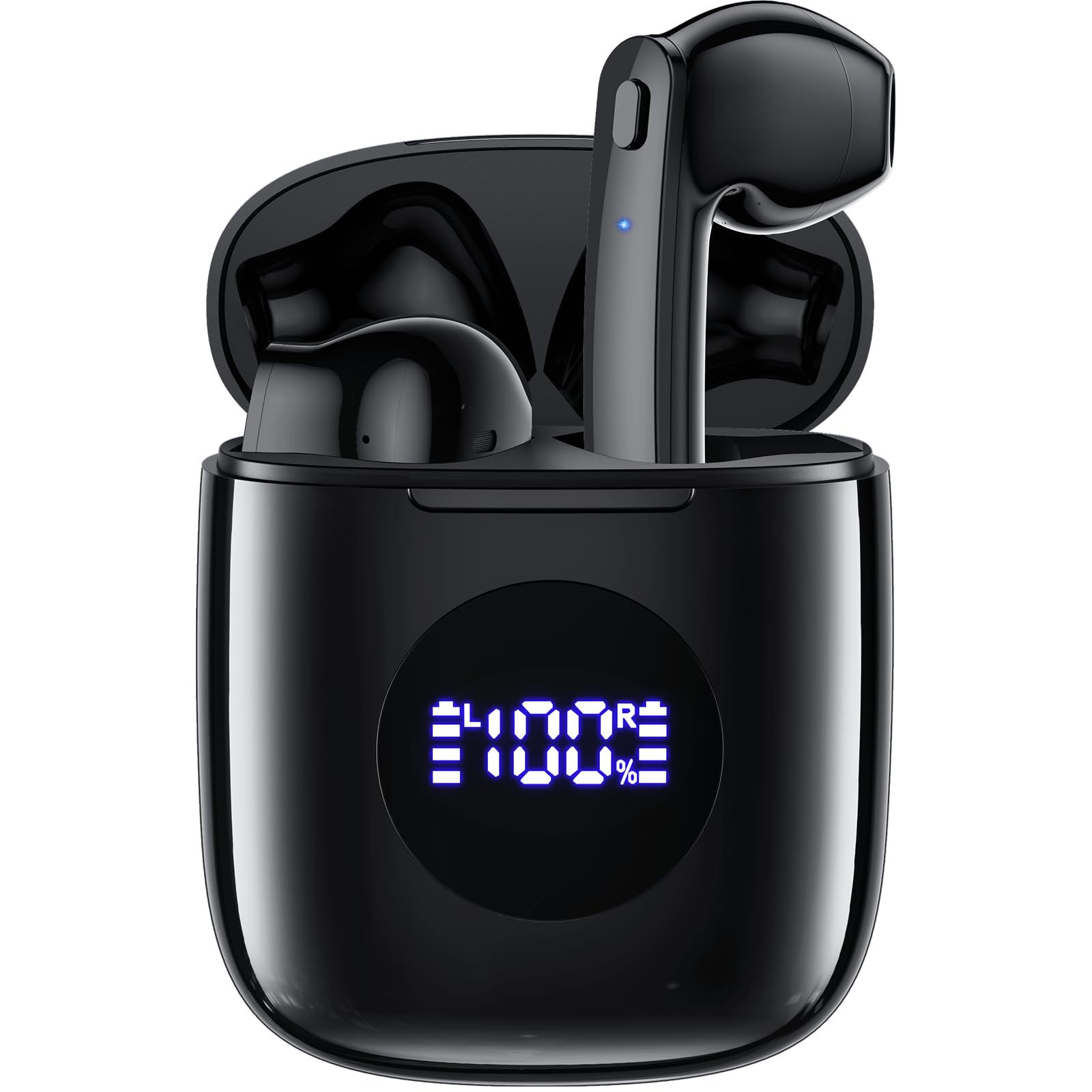 CAPOXO wireless earbuds in black charging case with LED display