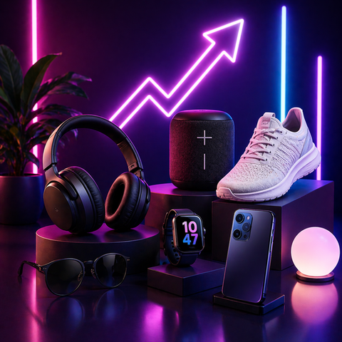 Consumer electronics and sneakers with rising neon arrow