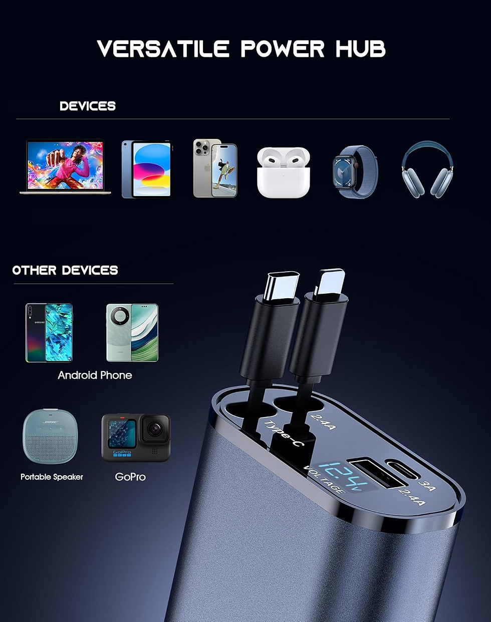 Thumbnail: Retractable Car Charger 4 in 1 Fast Car Phone Charger 120W With USB Type C Cable