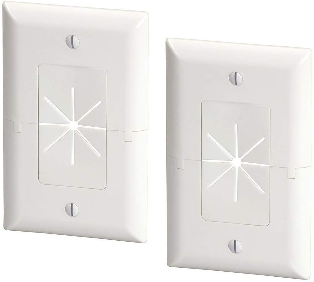 Two white DataComm split style TV plates with flexible openings.