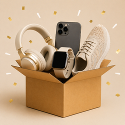 Tech products and a sneaker inside a cardboard box