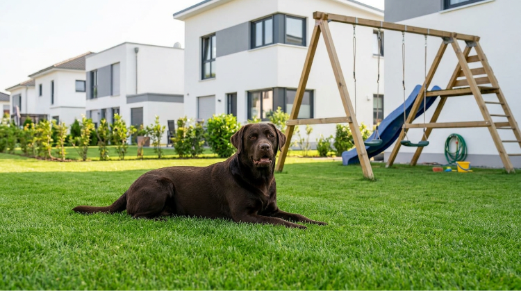 Labrador auf Rasen mit Rasenfarbe