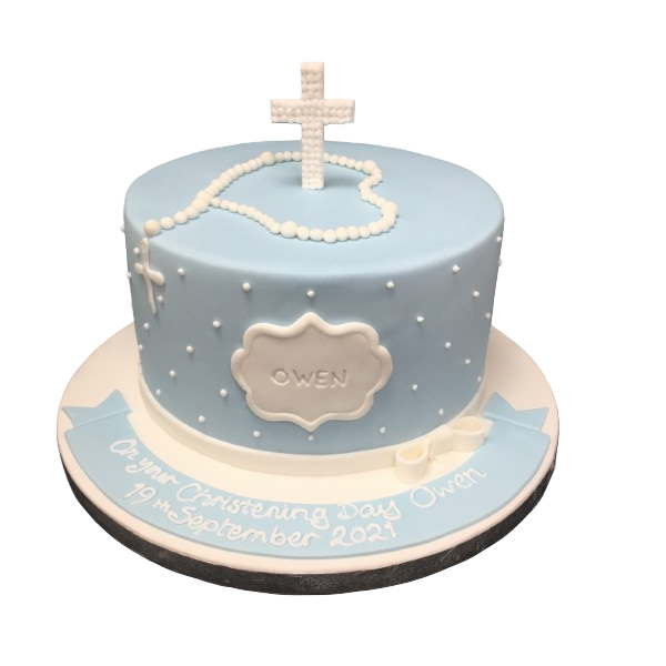 Bespoke christening cake with white fondant, pastel floral decorations, and delicate piping in Solihull, West Midlands.
