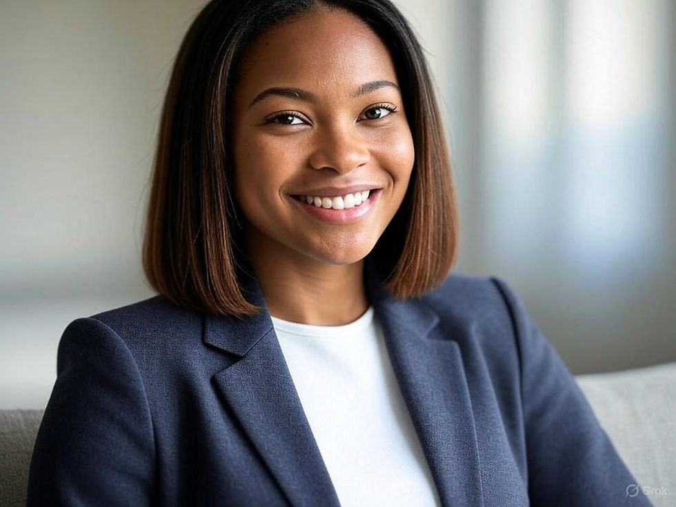 A woman wears a dark blue blazer over a white shirt and sits indoors. The background shows a blurred window with vertical blinds.