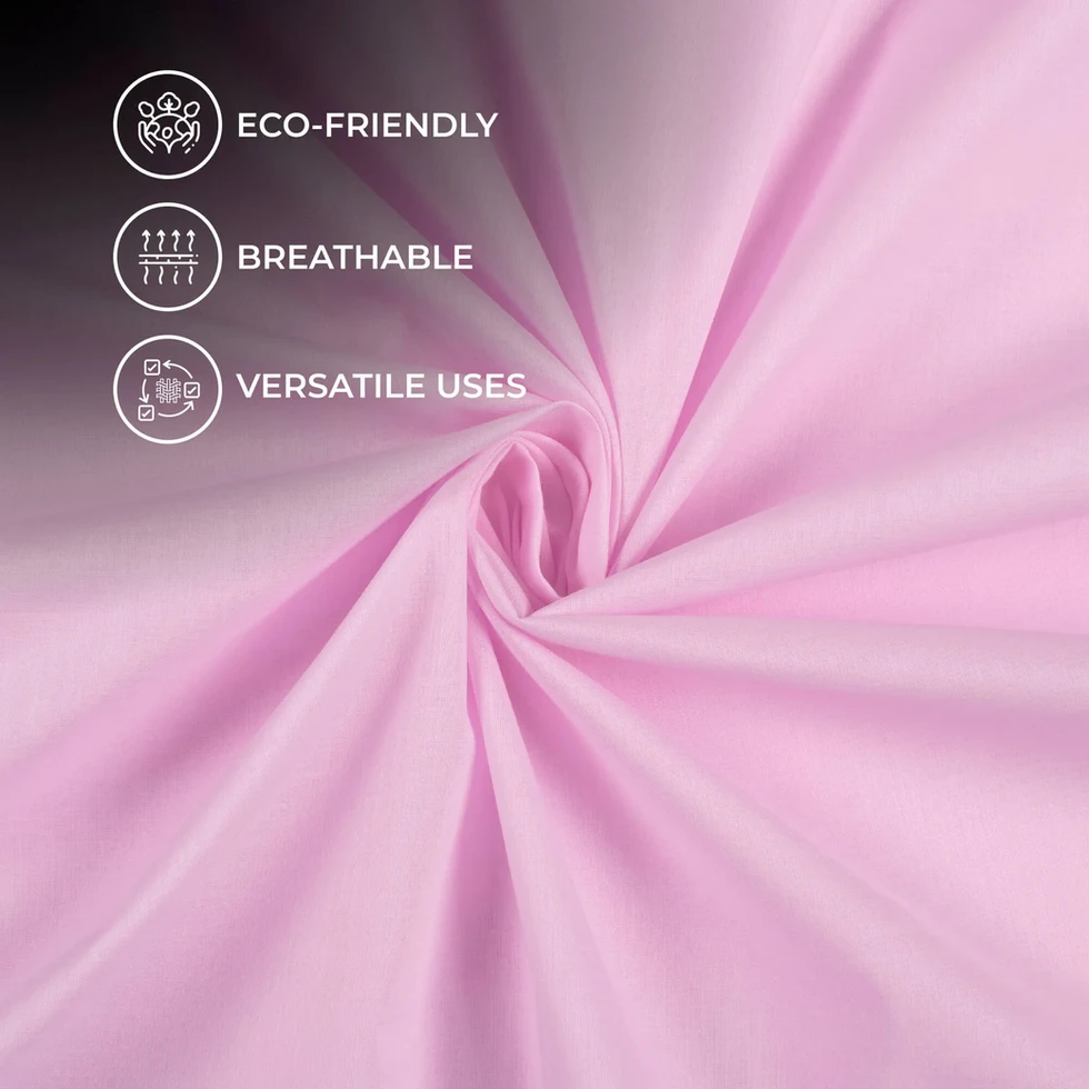 Eco-friendly, breathable, and versatile uses icons overlaid on Purple Lilac Plain Cotton Cambric Fabric displayed.