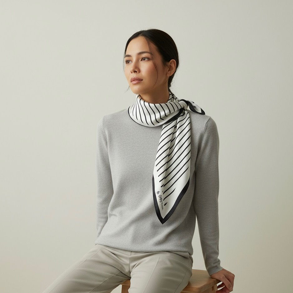 Een vrouw in een grijze trui en een beige broek zit met een zwart-wit gestreepte zijden sjaal om haar nek. Op de rand van de sjaal staat een logo en de tekst "Grey Exim".