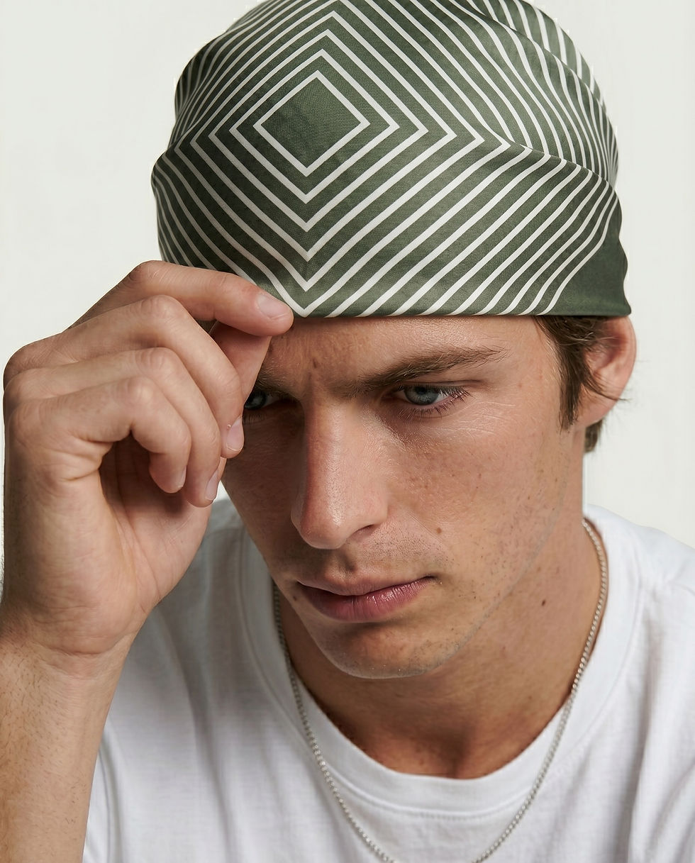 A close-up of a man looking down as he adjusts a green geometric bandana worn on his head.