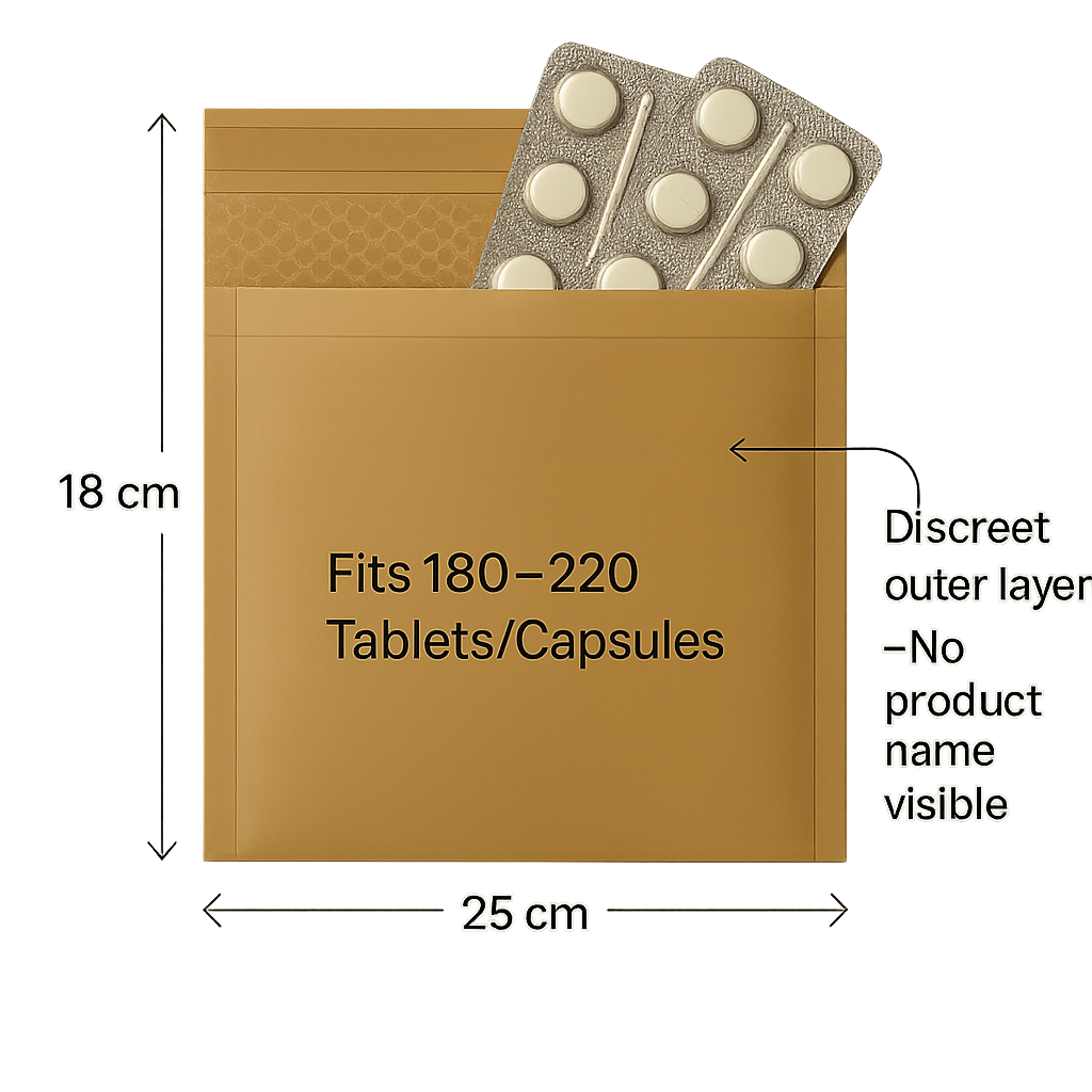 A brown discreet package with tablets inside. The package size is 25 cm wide and 18 cm tall. It fits 180–220 tablets or capsules. The outer layer shows no product name.