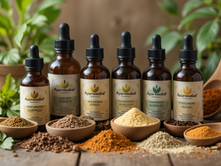 Five brown bottles with dropper lids are labeled "Ayurvedial" and contain remedies like "Hingu Orole Ram-Pala," "San-Bhu Herbs," "Weverinac Harissa," "Tsyurvediac Bio-Liza," and "Famerude Stup-Larenic." They sit on a wooden surface with bowls of various powdered and whole spices in shades of brown, yellow, and orange. Wooden spoons and green plants are in the background.