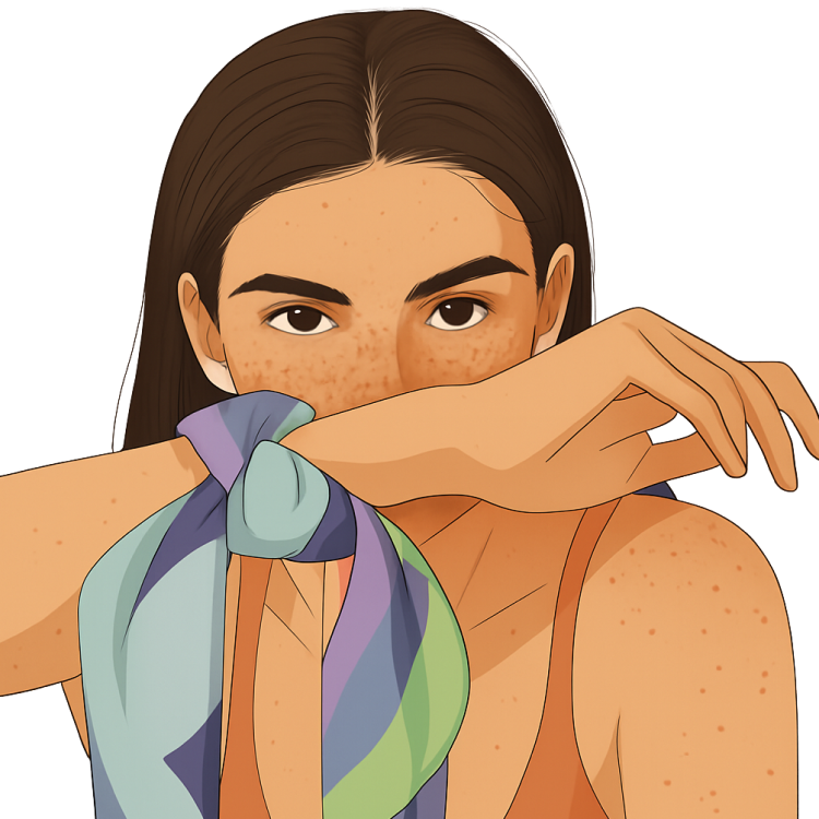 Eine Frau mit einem gestreiften Schal um das Handgelenk.