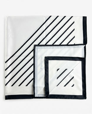 Folded satin scarves with black border and stripe pattern