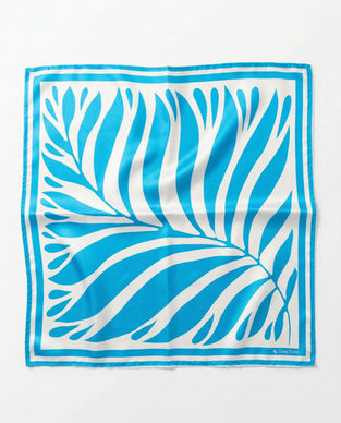 Blue and white abstract leaf print satin scarf flat lay