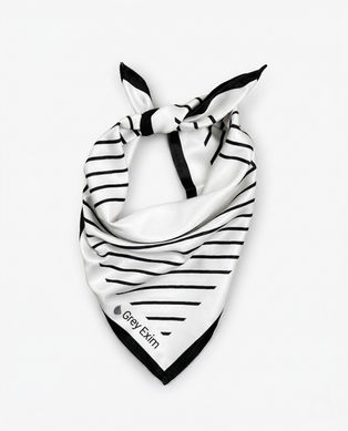 Black and white striped satin scarf tied in knot