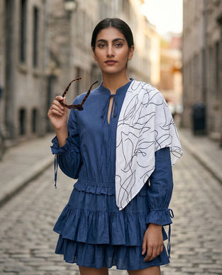 Woman wearing abstract printed white scarf on head