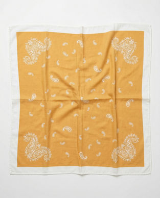 Mustard yellow paisley printed square scarf flat lay, full design view