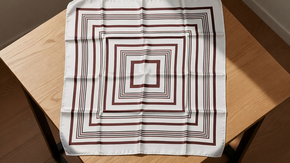 Grey Eximのレディース用サテンスカーフ。高精細なデジタルプリントと、なめらかで上品な質感の生地が特徴