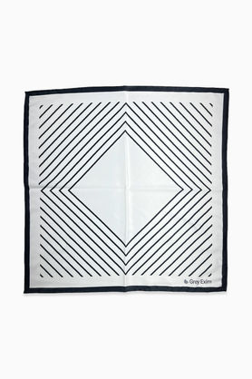 A white square bandana with a black border and a geometric pattern of diagonal lines.