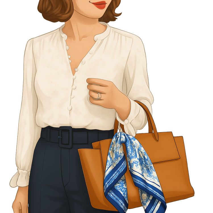 A blue and white patterned scarf tied onto the handle of a tan handbag.