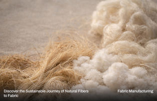 Close-up of raw natural fibers: light brown plant fibers next to fluffy cream-colored animal fibers. Text reads: "Discover the Sustainable Journey of Natural Fibers to Fabric" and "Fabric Manufacturing."